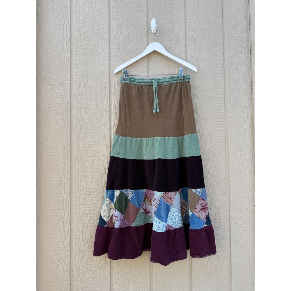 Blue Sky Medium Maxi Skirt Boho Patchwork Cotton Corduroy Embroidered Tiered